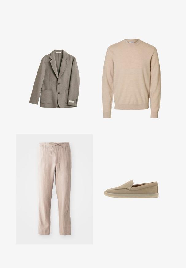 Blazer gris en laine à simple boutonnage, revers crantés, deux poches avant plaquées, deux boutons et poignets boutonnés sur fond blanc.; Pull beige à manches longues et col rond en tissu tricoté doux, avec poignets et ourlet côtelés, conçu pour hommes.; Pantalons en lin beige avec une taille élastique et un cordon de serrage. Design à jambe droite avec une texture douce et un style minimaliste.; Mocassin beige en daim à enfiler, semelle en caoutchouc clair, petit talon et coutures discrètes le long du bord supérieur.