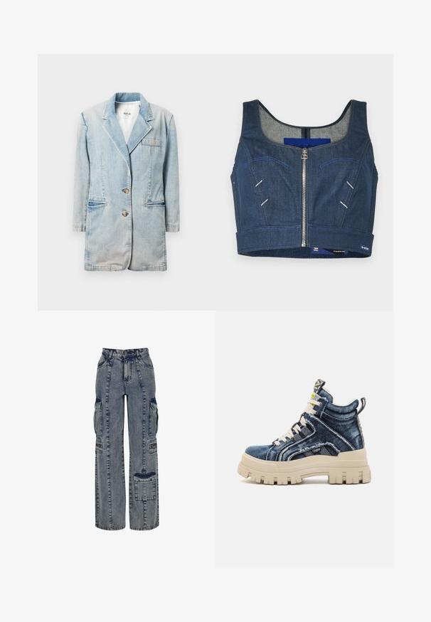 Lyseblå denim blazer med notch-krave, to forlommer og knaplukning. Har en afslappet pasform og synlige stikninger.; Mørkeblå denim crop top med rund udskæring, frontlynlås og kontrastsyninger. Har to forlommer med buede konturer.; Denim cargo bukser i lyseblå. Har vide ben, flere sidelommer og kontrasterende mørke denim detaljer. Struktureret med synlige sømme.; Buffalo ASPHA MID - Sneakers high - blue