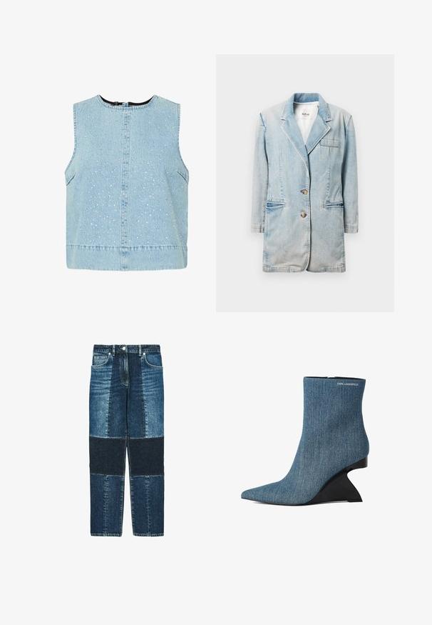 Blazer de mezclilla azul claro con cuello de muesca, dos bolsillos frontales y cierre de botón. Presenta un ajuste relajado y detalles de costura visibles.; Top sin mangas de denim azul claro con tachuelas plateadas dispersas, cuello redondo y un corte ligeramente suelto. Diseño de tela simple y texturizado.; Vaqueros de pierna recta con un diseño de patchwork que presenta tres tonos de denim azul y bolsillos delanteros con cierre de botón y cremallera.; Bota de denim azul hasta el tobillo con puntera puntiaguda, tacón cuña negro esculpido y logotipo "Karl Lagerfeld" cerca del borde superior.