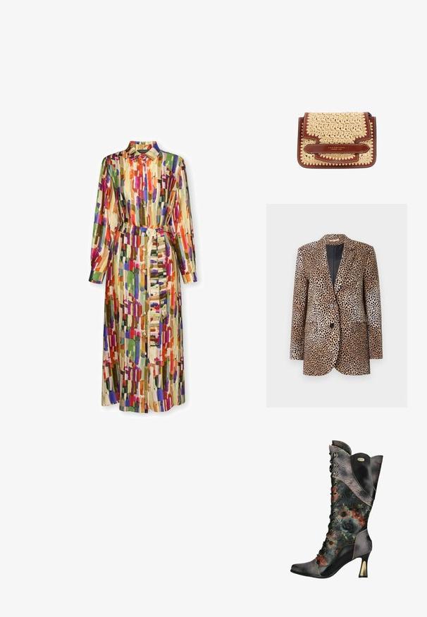 Beige en zwarte blazer met luipaardprint, voorzien van twee knopen, ingevoegde revers en zijzakken, vervaardigd uit een gladde, glanzende stof.; Lange mouwen, losknopen jurk met een kraag, taille met riem en een abstract multicolor penseelstreekpatroon in rood, groen, paars en beige tinten.; Dames zwarte leren hoge hak veterlaars met reliëf bloemenpatronen en meerkleurige bloemenprint op de schacht en voet.; Kleine rechthoekige handtas met geweven beige body en bruine leren afwerking, met een leren bandje en gouden tekst "THE BRIDGE FIRENZE 1969" aan de voorkant.