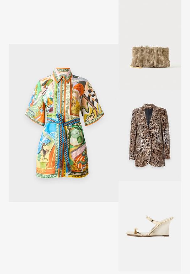 Leopardmønster blazer i beige og sort, med to knapper, slidser og sidelommer, lavet af et glat, blankt stof.; Farverig kortærmet skjorte med blandede mønstre, krave og bælte. Materialerne ser lette ud med varierede grafik og accenter.; Skinnende gylden kile-sandal med to tynde remme over foden og en buet hæl, vist i sideprofil på hvid baggrund.; Lille gylden mesh clutch taske med et rynket design og en delvist synlig guldkæde på en ensfarvet hvid baggrund.