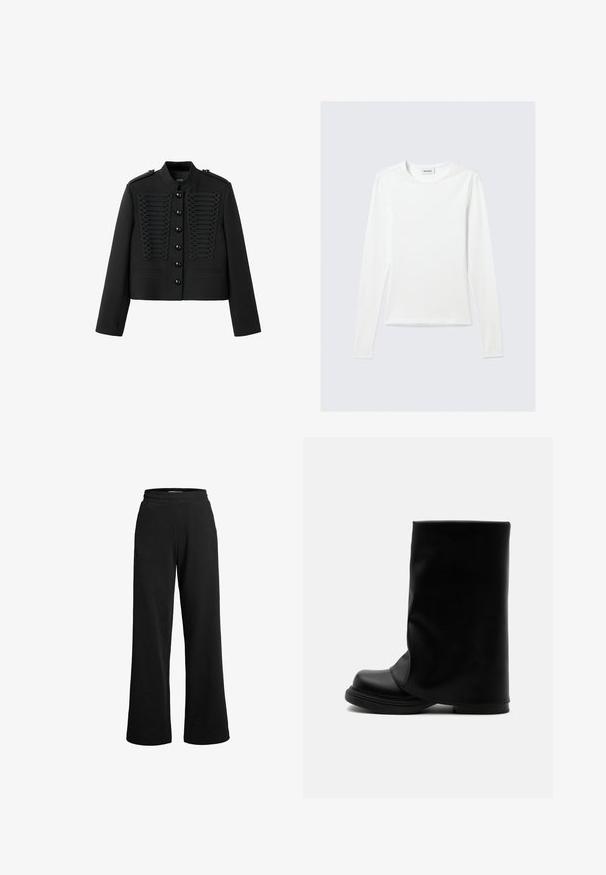 Chaqueta negra de estilo militar con adorno trenzado decorativo en la parte delantera, cierre con botones, cuello mao, hombreras y mangas largas.; Camiseta blanca lisa de manga larga con cuello redondo y corte ajustado, mostrada sobre un fondo gris claro.; Pantalones deportivos negros de pierna ancha, fabricados con un tejido suave. Cuentan con una cinturilla elástica y costuras mínimas para mayor comodidad.; Bota alta negra de cuero con un caño superior ancho y suelto y una suela gruesa y redondeada sobre fondo blanco.