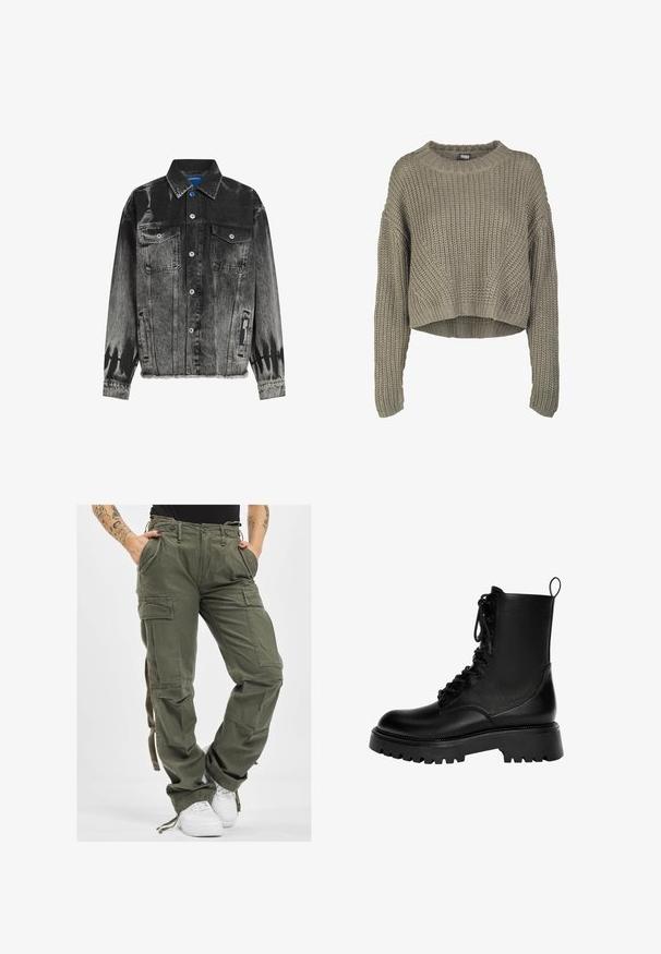 Schwarze und graue Jeansjacke mit einem verblassten Muster, zwei Brusttaschen, Druckknöpfen und einem ausgefransten Saum. Verfügt über ein Etikett an der Seite.; Olivgrüner, verkürzter Strickpullover mit strukturiertem Muster, rundem Ausschnitt und langen Ärmeln. Dicke Rippstruktur am Saum und an den Bündchen.; Olivgrüne Cargo-Hosen mit mehreren Taschen, Kordelzugbund und lockerer Passform. Der Stoff hat eine weiche Textur und wirkt robust und langlebig.; Schwarze Schnürstiefelette aus synthetischem Leder, mit einer stabilen Sohle, einer Zuglasche und ausgeprägten Nähdetails.