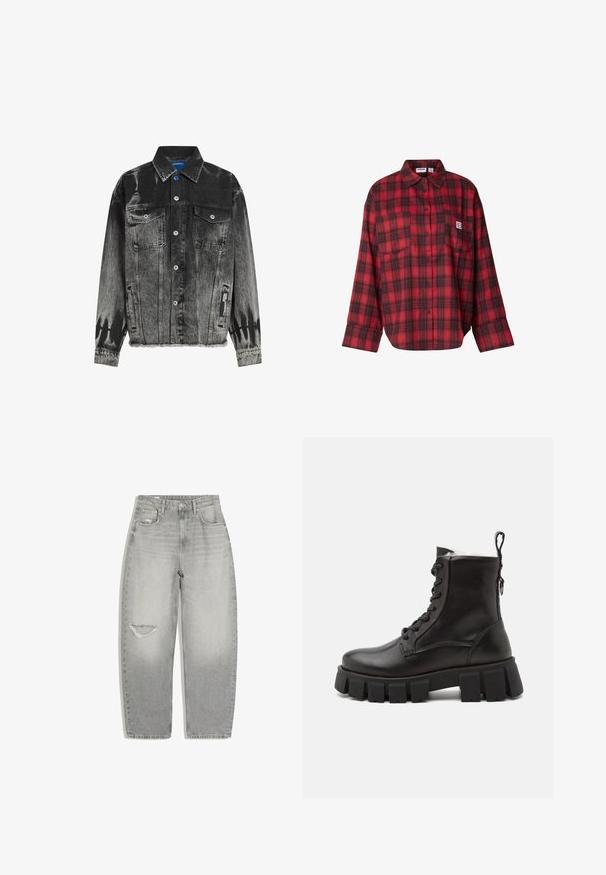 Schwarze und graue Jeansjacke mit einem verblassten Muster, zwei Brusttaschen, Druckknöpfen und einem ausgefransten Saum. Verfügt über ein Etikett an der Seite.; Rot-schwarzes kariertes Flanellhemd, langärmlig, mit Knopfleiste vorne, zwei Brusttaschen, weiche Textur, lässige Passform, rechteckiges Design.; Hellgraue High-Waist-Jeans mit Knopf- und Reißverschluss, Fronttaschen und einem abgenutzten Riss am linken Oberschenkel.; Schwarze Leder-Ankle-Boots mit einer robusten Gummisohle, runder Zehenpartie, Schnürung vorne und einer Zuglasche an der Rückseite für einfaches Anziehen.