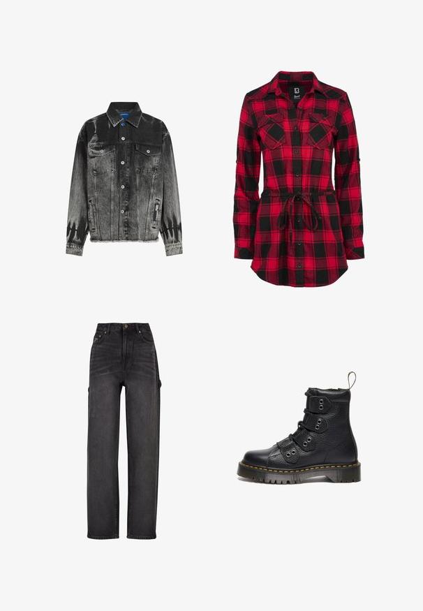 Schwarze und graue Jeansjacke mit einem verblassten Muster, zwei Brusttaschen, Druckknöpfen und einem ausgefransten Saum. Verfügt über ein Etikett an der Seite.; Rot-schwarz kariertes Flanellhemd mit langen Ärmeln, Knopfleiste, zwei Brusttaschen und einem gebundenen Taillenbund für eine verstellbare Passform.; Hochtaillierte Cargo-Jeans aus schwarzem Denim mit weit geschnittenem Design, seitlichen Taschen und subtilen Verwaschungen. Robustes Material und kontrastierender Stepp.; Schwarze Leder-Stiefeletten mit texturierten Oberflächen, drei Paar Ösen und gelben Nähten auf einer dicken Sohle. Mit einem Zuglasche an der Ferse.