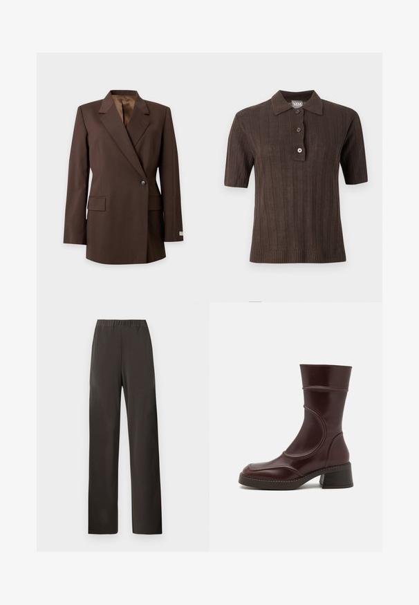 Blazer ajusté marron foncé à un seul bouton avec revers crantés, poches avant à rabat et manches longues sur un fond clair.; Polo en maille marron foncé à manches courtes avec côtes verticales, patte à trois boutons et col sur fond uni clair.; Pantalon marron foncé à jambes droites avec taille élastique, sans poches visibles ni décorations, présenté sur un fond clair uni.; MIISTA MALENE - Bottines - brown