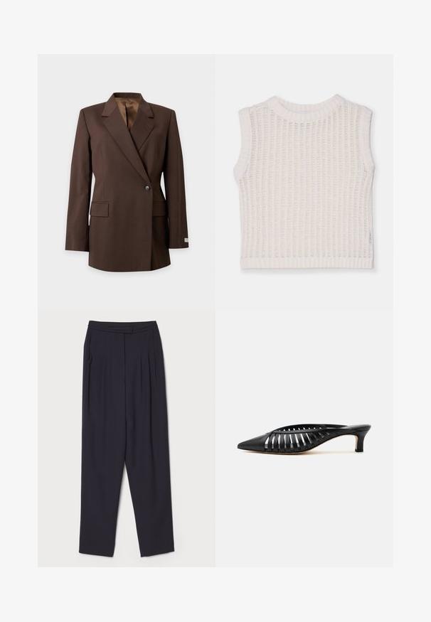 Einreihiger, dunkelbrauner, maßgeschneiderter Blazer mit Reverskragen, vorderen Pattentaschen und langen Ärmeln auf hellem Hintergrund.; Ärmelloses weißes Top mit geripptem Muster, das einen runden Halsausschnitt und ein offenes Strickdesign aufweist. Schlichte und legere Silhouette.; Dunkelblaue Hosen aus weichem Stoff, mit Falten und einem geraden BeinDesign, standardmäßigen Bund und Seitentaschen.; Schwarze Leder-Mule mit spitzer Schuhspitze, Riemchen-Design und niedrigem Kittenheel auf weißem Hintergrund.