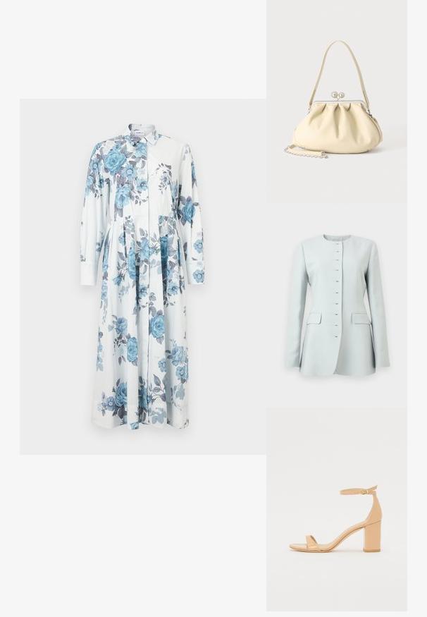 Blazer pour femme bleu clair avec manches longues, encolure ronde, fermetures à crochet et œil, et poches à rabat des deux côtés.; Robe chemise fleurie en bleu clair et blanc, munie de manches longues, d'un col, d'une fermeture à boutons, et d'une jupe évasée ornée de motifs de roses.; Sandales à talons en cuir verni nude avec un orteil carré, une sangle à la cheville et un talon bloc chunky. Texture lisse et détails de design minimalistes.; Sac à main en cuir souple couleur crème avec un design froncé, fermoir cadre argenté, poignée courte et bandoulière chaîne amovible.