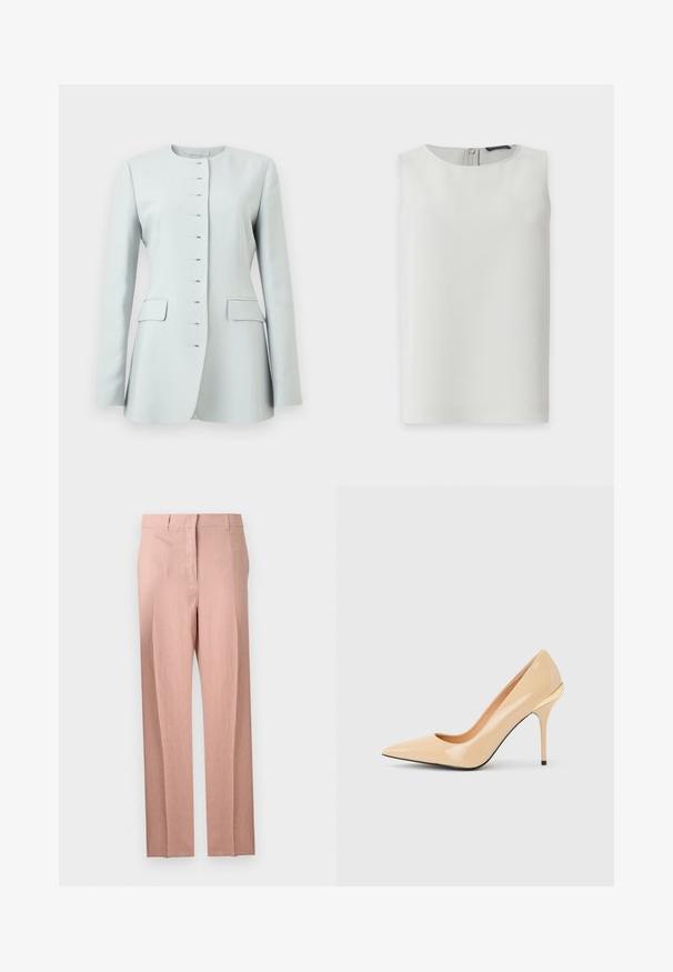 Blazer pour femme bleu clair avec manches longues, encolure ronde, fermetures à crochet et œil, et poches à rabat des deux côtés.; Blouse blanche sans manches avec encolure ronde et fermeture éclair visible dans le dos, présentée sur fond blanc uni.; Pantalon ajusté rose clair avec jambes droites, passants pour ceinture et fermeture éclair à l’avant, présenté sur un fond blanc uni.; Escarpin à talon haut en cuir verni beige avec bout pointu et talon aiguille fin, orné d'un petit accent doré à l'arrière.