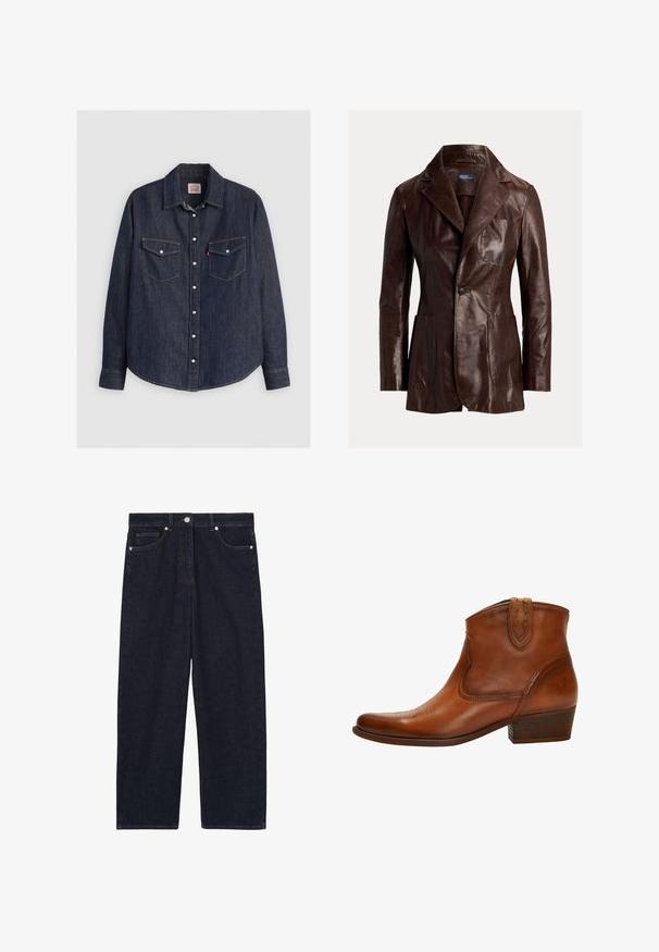 Brun læderblazer med en reverskrave, to frontlommer og lukkes med en enkelt knap. Glat tekstur med en semi-glans finish.; Mørkeblå denimskjorte med lange ærmer, knaplukning fortil, to brystlommer med klapper og kontrasterende gule sømme.; Mørkeblå straight-leg denim jeans med frontknap, lynlås og fem-lomme design.; Brun læder ankelstøvle med spids tå, dekorativ syning og en lav stablet hæl; har en mellemhøj skaft og trækstropper.