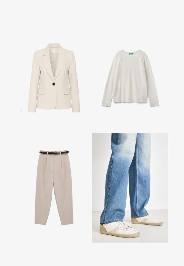 Blazer beige con un corte entallado, cierre de un solo botón negro, solapas con muesca, dos bolsillos frontales y tela suave y texturizada.; Suéter blanco de punto con cuello redondo y mangas raglán. Presenta un dobladillo y puños acanalados. Textura suave con un minimalismo en los detalles.; Pantalones beige de cintura alta y corte cónico con pliegues delanteros y un cinturón negro delgado con hebilla plateada.; Zapatillas blancas con detalles beige y textura, combinadas con unos jeans de mezclilla azul claro, ligeramente desgastados y de corte relajado.
