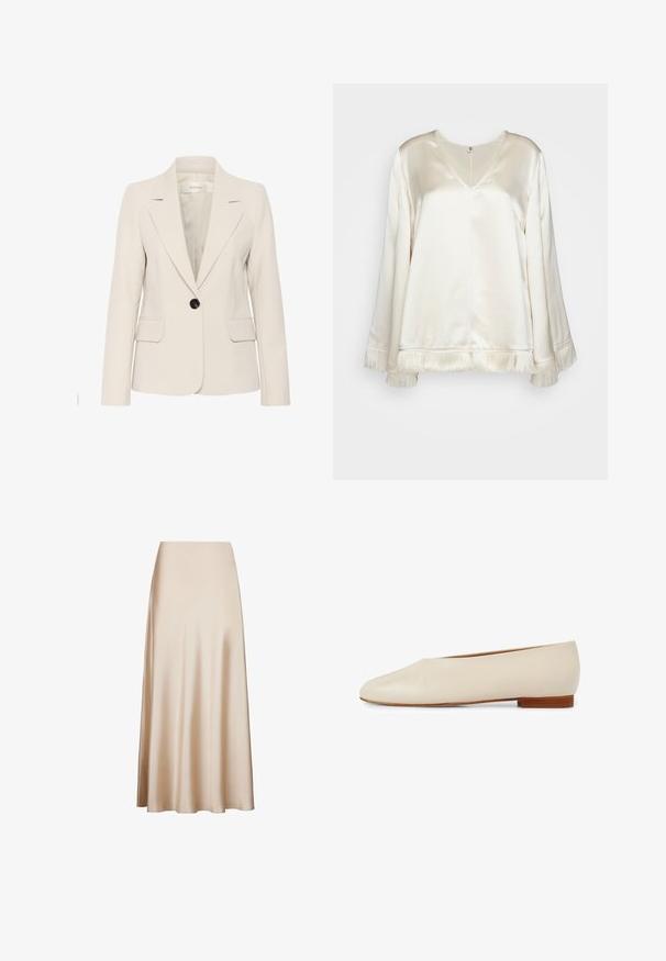 Beige blazer med en skræddersyet pasform, enkelt sort knaplukning, klapkraver, to forlommer og glat, struktureret stof.; By Malene Birger EXCLUSIVE AVELAS - Bluse - pearl; Satin midi-nederdel i beige med en glat tekstur og en udvidet design fra talje til søm, med en A-formet silhuet. Ingen synlige mønstre eller accenter.; Beige læder flad sko med spids tå design, minimalistsk form og en kort træhæl for stabilitet og komfort.