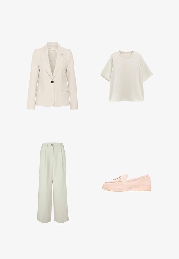 Beige blazer med en skræddersyet pasform, enkelt sort knaplukning, klapkraver, to forlommer og glat, struktureret stof.; Enkelt lysebeige T-shirt med kortærmet rund hals og afslappet pasform, vist fladt på en hvid baggrund.; Højtaljede, vidde ben, cremefarvede bukser med bæltestropper, knaplukning og forreste folder, designet til en afslappet pasform.; Beige ruskinds loafers med en rund tå, der har et lille dekorativt bånd og en flad gummisål. Glat overflade med minimal syning.