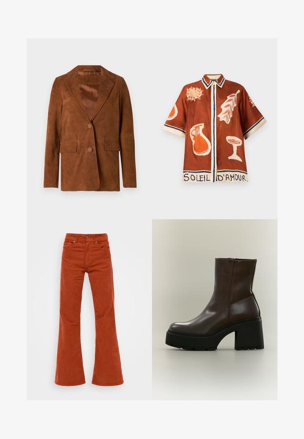 Blazer en daim marron avec un col cranté, deux poches avant, fermeture à un bouton et doublure en satin lisse.; Chemise marron à manches courtes avec col, présentant des motifs abstraits orange et crème de soleil, feuille, pichet et verre, avec le texte "SOLEIL D'AMOUR" à l'ourlet.; Pantalons en velours côtelé de couleur rouille, évasés avec une taille haute, cinq poches et une fermeture à bouton à l'avant. Texture douce et motif en velours côtelé visible.; Bottine en cuir marron foncé avec une semelle plateforme noire épaisse et un talon bloc sur fond neutre.
