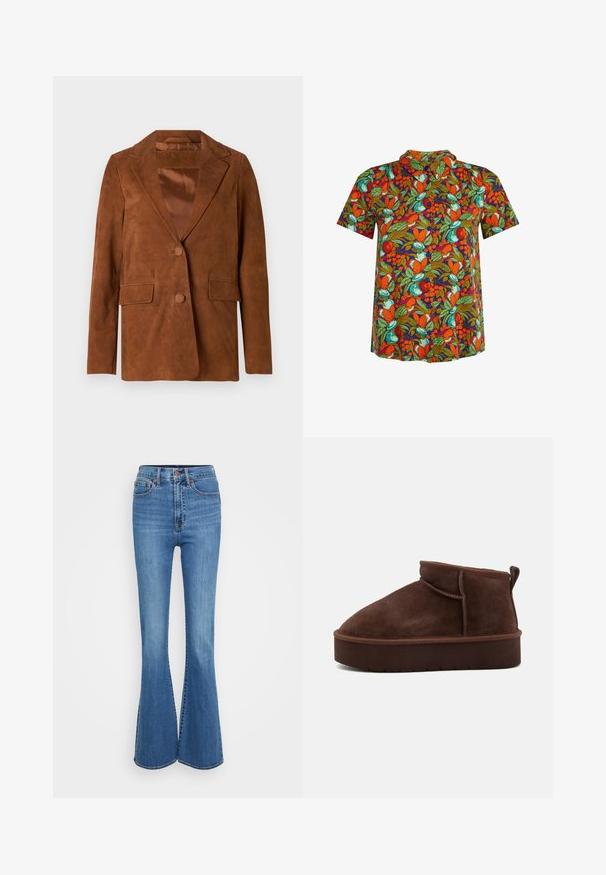 Brauner Wildlederblazer mit Reverskragen, zwei Vordertaschen, einer Knopfschließe und glatter Satinfütterung.; Kurzärmeliges Hemd zum Knöpfen mit lebhaftem Muster aus orangefarbenen, grünen und blaugrünen Früchten und Blättern auf dunklem Hintergrund.; Ausgestellte blaue Jeans aus Denim mit hoher Taille, mit gesteppten Taschen, Metallknopf und glatter Textur. Klassisches Fünf-Taschen-Design.; Braune Wildleder-Stiefelette mit runder Spitze, weicher Oberfläche und dicker Plattformsohle. Verfügt über dezente Nähte und eine Lasche an der Rückseite.