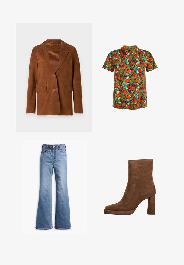 Brauner Wildlederblazer mit Reverskragen, zwei Vordertaschen, einer Knopfschließe und glatter Satinfütterung.; Kurzärmeliges Hemd zum Knöpfen mit lebhaftem Muster aus orangefarbenen, grünen und blaugrünen Früchten und Blättern auf dunklem Hintergrund.; Hellblaue, hochgeschnittene Jeans mit leichtem Schlag, vorn mit Knopfverschluss, Gürtelschlaufen und fünf Taschen.; Brauner Wildleder-Stiefelette mit Blockabsatz und abgerundeter quadratischer Zehe, von der Seite auf weißem Hintergrund gezeigt.