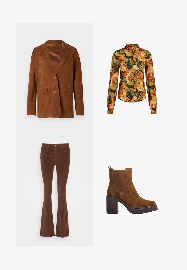 Blazer de ante marrón con solapa muesca, dos bolsillos frontales, cierre de un solo botón y forro de satén suave.; Camisa de manga larga con un vibrante estampado floral en naranja, rojo y verde azulado sobre un fondo negro y beige, con un diseño de botones.; Jeans de pana marrones acampanados con una textura suave, cinco bolsillos y un único botón de metal en la cinturilla.; Bota de ante marrón hasta el tobillo con tacón negro grueso, panel lateral elástico y lengüeta trasera, mostrada en perfil lateral sobre fondo blanco.