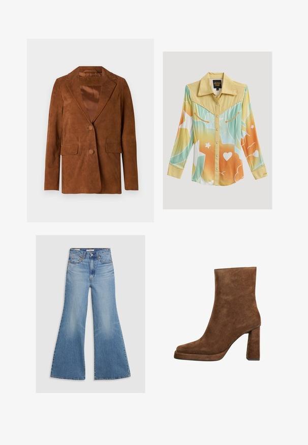 Bruine suède blazer met een notch-lapel, twee voorkezen, een enkele knoopsluiting en een soepele satijnen voering.; Western overhemd met lange mouwen, gele baan, verloop in pastelblauw, oranje, witte patronen, drukknopen en decoratieve pijlsiersteken op borstzakken.; Licht gewassen denim flared jeans met een hoge taille, voorzakken en bronzen hardware. De stof heeft een vervaagde textuur met een gladde afwerking.; Bruine suède enkellaars met blokhak en afgeronde vierkante neus, zijaanzicht op een witte achtergrond.