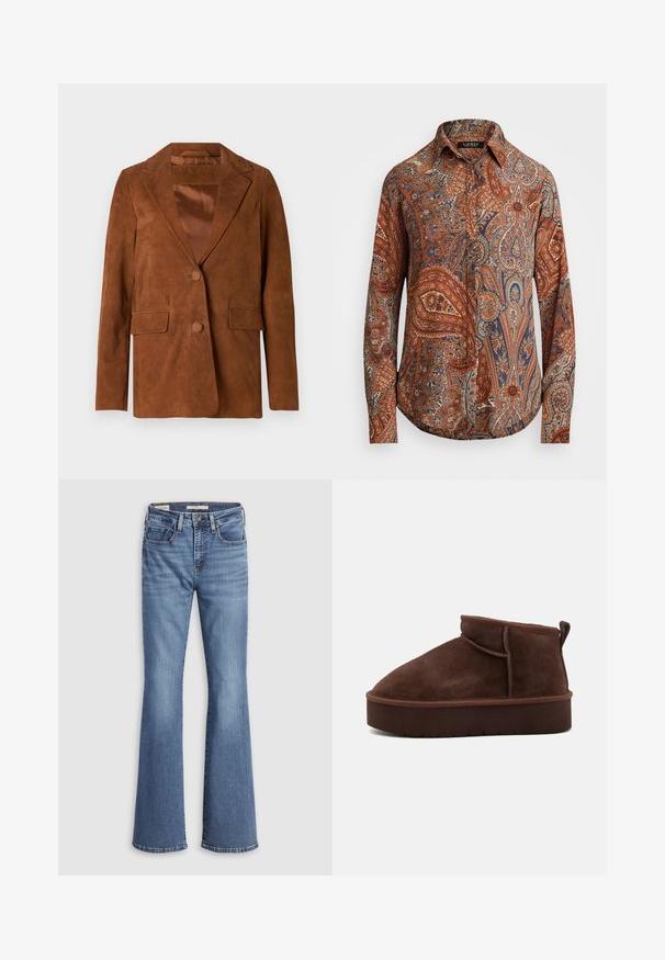 Bruine suède blazer met een notch-lapel, twee voorkezen, een enkele knoopsluiting en een soepele satijnen voering.; Langarmshirt in bruin met ingewikkelde paisleypatronen in blauw en crème. Heeft een klassiek kraagontwerp en een knoopsluiting aan de voorkant.; Lichtblauwe denim flare jeans met een hoge taille, voorzien van vijf zakken, contrasterende stiksels en een zachte textuur.; Bruine suède enkellaars met een ronde teen, zachte textuur en een dikke plateauzool. Beschikt over een subtiele naaddetail en een achterste lus om aan te trekken.