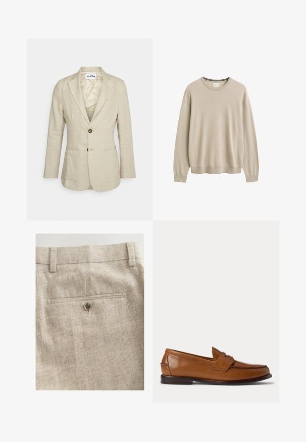 Heathe SINGLE BREASTED - Colbert - oat; Beige trui met lange mouwen en een ronde hals, geribde manchetten en zoom, effen ontwerp, merklabel binnenin de halslijn.; Linnen beige broek met een gladde textuur, een slanke pasvorm en een achterzak met een bruine knoopdetail.; Bruine leren penny loafer met lage hiel en gestikte details aan de voorkant en zijkanten, zijaanzicht op een witte achtergrond.