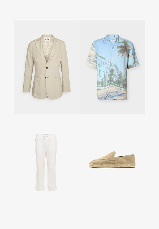 Heathe SINGLE BREASTED - Jakkesæt blazere - oat; Kortærmet skjorte med knapper og tryk af beachvolleyballnet, palmer og sandstrand i lyseblå og beige toner.; Lettere, hvide linnedbukser med elastisk talje og snorbindning. Lige ben-design med en glat tekstur og uden bemærkelsesværdige mønstre.; Beige mokkasiner i ruskind med espadrille, med flettet jutesål og en syningsdetalje med rem over overdelen.