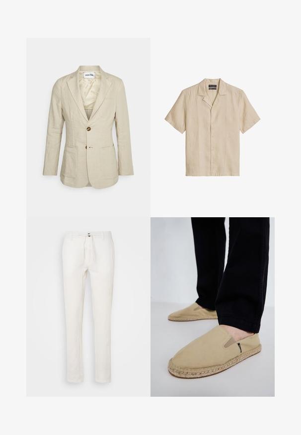 Heathe SINGLE BREASTED - Colbert - oat; Beige overhemd met korte mouwen en knopen, een campkraag en zichtbare stiksels, plat gelegd op een witte achtergrond.; Witte linnen broeken met een koordsluiting in de taille, recht gesneden ontwerp en subtiele textuur. Geen zichtbare zakken of patronen.; Beige canvas instapschoenen met elastische inzet, jute touwzool en contrasterende stiksels. Draag ze met zwart taps toelopende broek.