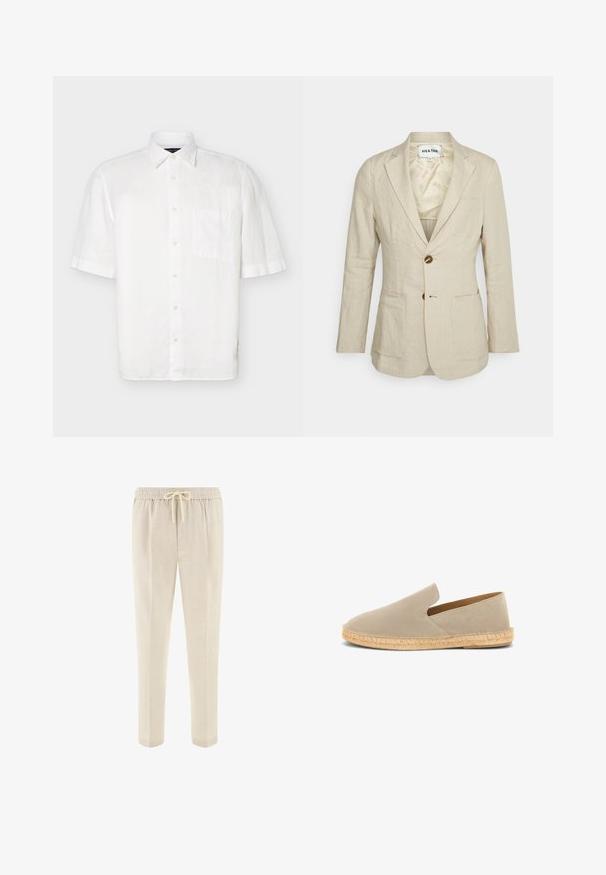 Heathe SINGLE BREASTED - Veste de costume - oat; Chemise blanche à manches courtes avec col pointu et poche poitrine, présentée sur un fond clair uni.; Pantalon beige à taille élastique avec poches avant et coupe droite, conçu pour une tenue décontractée ou relaxée.; Espadrille beige en daim à enfiler avec semelle enveloppée de jute et petit talon, vue latérale sur fond blanc.
