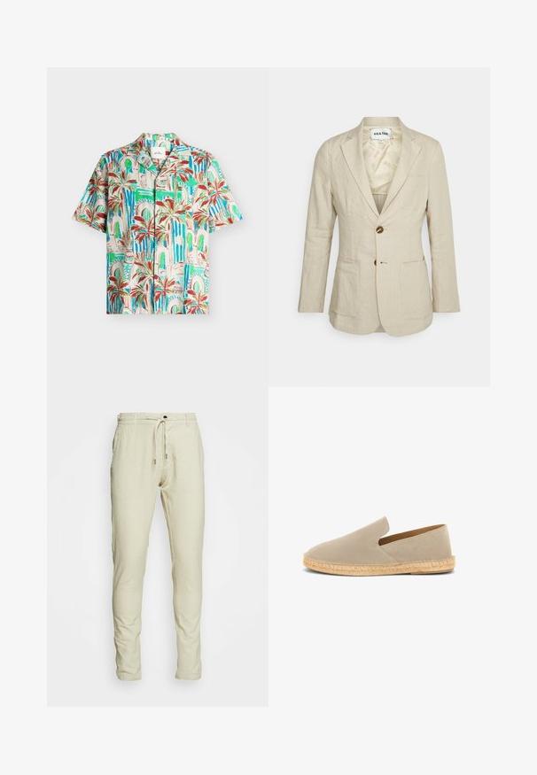 Heathe SINGLE BREASTED - Veste de costume - oat; Chemise à manches courtes boutonnée avec imprimé palmiers tropicaux et arcade en tons verts, bleus, rouges et beiges sur un fond clair.; Pantalon de jogging beige clair avec une taille élastique, cordon de serrage ajustable et jambes fuselées. Fabriqué en tissu doux et respirant. Pas de motifs visibles.; Espadrille beige en daim à enfiler avec semelle enveloppée de jute et petit talon, vue latérale sur fond blanc.