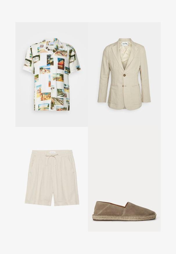 Heathe SINGLE BREASTED - Chaqueta de traje - oat; Camisa blanca de manga corta que presenta un collage de fotografías de paisajes tropicales en varios colores. Tejido ligero, cierre frontal de botones y ajuste relajado.; Shorts de lino beige con cintura elástica, cordón ajustable y bolsillos laterales. Ajuste holgado con pierna recta y dobladillo vuelto.; Zapato espadrille de ante beige con suela de yute trenzado y puntera cerrada y redondeada, mostrado de lado sobre un fondo liso.