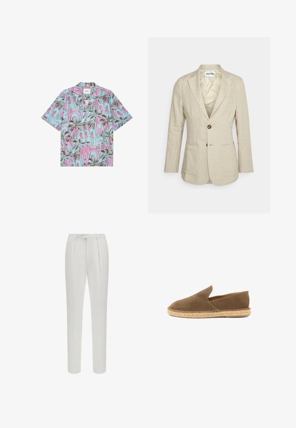 Heathe SINGLE BREASTED - Veste de costume - oat; Chemise à manches courtes boutonnée avec motif de palmiers et d'arcs en rose, bleu et vert.; Pantalons blancs sur mesure avec un pli avant, une fermeture à bouton et une coupe légèrement fuselée, fabriqués dans un tissu lisse.; Espadrille marron en daim à enfiler avec semelle en jute tressée et côtés bas, conçue pour un usage décontracté.