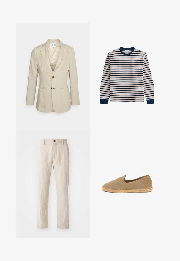 Heathe SINGLE BREASTED - Veste de costume - oat; Chemise à manches longues à rayures horizontales blanc et bleu marine, col ras du cou bleu marine et poignets bleu marine sur fond blanc.; Pantalons en lin beige à coupe slim, dotés d'une fermeture à un seul bouton marron, de jambes droites et d'une finition en tissu texturé.; Espadrille beige à enfiler avec dessus en toile et semelle en jute tressé, vue de profil sur fond blanc.