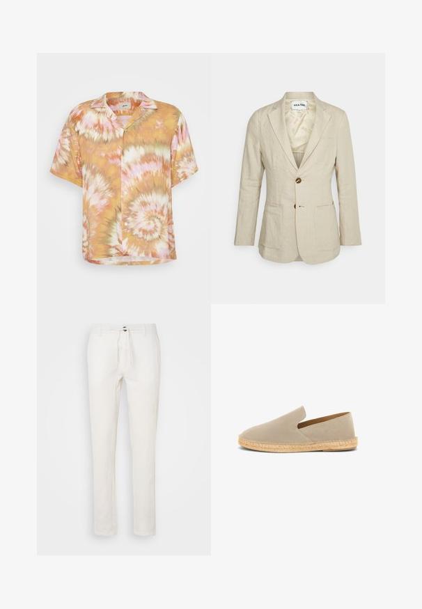 Heathe SINGLE BREASTED - Jakkesæt blazere - oat; Korteærmet skjorte med knaplukning i tie-dye mønster med orange, pink og grønne swirling. Fremstillet af letvægtsstof med en afslappet pasform.; Hvide linnedbukser med snoretræk i taljen, lige ben-Design og diskret tekstur. Ingen synlige lommer eller mønstre.; Beige ruskind espadrille med elastisk skaft, jutesnoet sål og lav hæl, set fra siden på hvid baggrund.