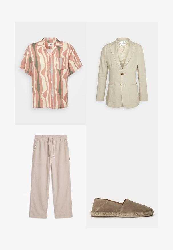 Heathe SINGLE BREASTED - Jakkesæt blazere - oat; Kortærmet button-up skjorte med et lyserødt, beige og grønt zigzag mønster; inkluderer en enkelt brystlomme og hvide knapper.; Beige afslappede bukser med elastisk talje, snøre, sidelommer, lige ben og diskret logo på højre lår.; Beige ruskind espadrille sko med flettet juttesål og lukket rundet tå, vist fra siden på en ensfarvet baggrund.