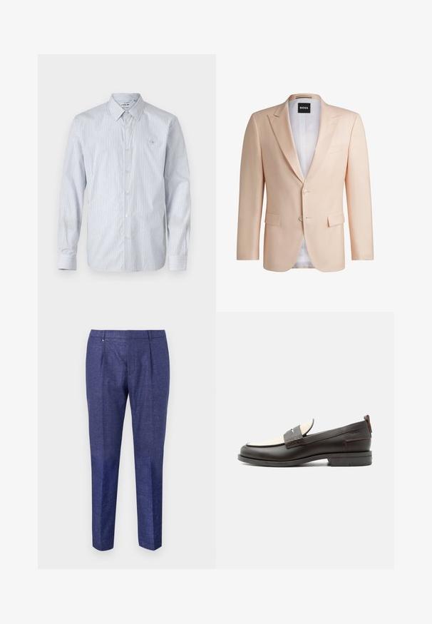 Chaqueta de traje ajustada de melocotón claro hecha de una tela suave. Presenta solapas con muescas, dos botones frontales y dos bolsillos frontales. Forro blanco visible.; Camisa de manga larga a rayas en mezcla de algodón azul claro y blanco. Presenta cierre de botones, un cuello clásico y un pequeño logo bordado en el pecho.; Pantalones azul marino de tela texturizada, con un diseño de pierna recta, dos pliegues frontales y un discreto detalle metálico en la cintura.; Mocasín para hombre de cuero marrón oscuro con panel de tela crema y detalle clásico de correa cosida, suela plana y asa en el talón.