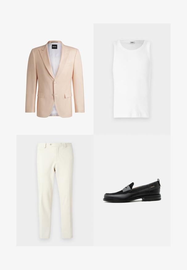 Chaqueta de traje ajustada de melocotón claro hecha de una tela suave. Presenta solapas con muescas, dos botones frontales y dos bolsillos frontales. Forro blanco visible.; Camiseta sin mangas de algodón blanco con cuello redondo y una textura suave. Diseño sencillo, sin patrones ni acentos.; Pantalones beige claro fabricados con una tela suave. Presentan una cremallera frontal, cierre de botón y bolsillos laterales en ángulo con un diseño de corte ajustado.; Mocasín de cuero negro con detalle de tira gris, tacón bajo y suela texturizada, con la marca "HUGO" en oro en el lateral.