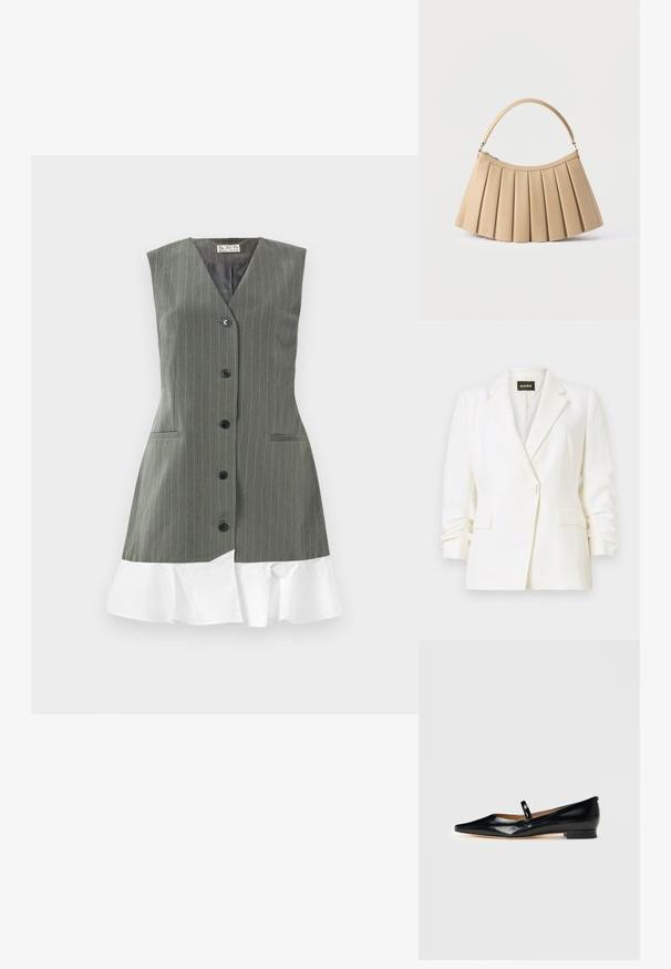 Hvid skræddersyet blazer med hak lapels, enkelt knaplukning, front lommer med klapper og let rynkede ærmer, mærket BOSS.; Ærmeløs grå pinstribet kjole med sorte knapper fortil og hvid flæsekant mod en ensartet baggrund.; Sorte patenterede læder Mary Jane flade sko med spids tå, én rem og lav hæl på ensfarvet baggrund.; Beige plisseret håndtaske med buet toplynlås og enkelt buet håndtag, vist på hvid baggrund.