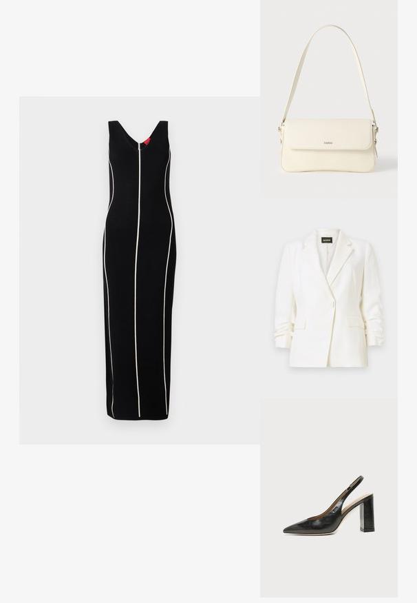 Hvid skræddersyet blazer med hak lapels, enkelt knaplukning, front lommer med klapper og let rynkede ærmer, mærket BOSS.; Sort ærmeløs kjole med V-hals design, lodrette hvide striber og en tætsiddende silhuet. Glat stof med en subtil glans.; Sort læder peep-toe slingback sko med høj blokhæl og beige indvendig foring mod en ensfarvet lys baggrund.; Cremefarvet læder skuldertaske med flaplukning, sølvfarvet beslag, en enkelt justerbar rem og diskrete logodetaljer.