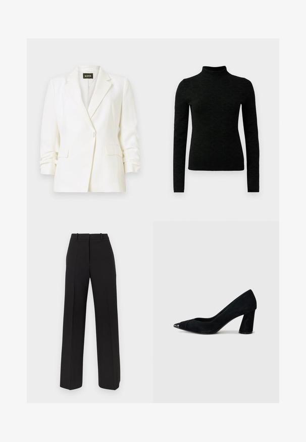 Witte getailleerde blazer met inkeping revers, enkele knoopsluiting, voorzakken met klep en licht geplooide mouwen, gelabeld BOSS.; Zwarte coltrui met lange mouwen, gekenmerkt door een gestructureerd patroon en een aansluitend ontwerp. Gemaakt van een zachte, rekbare stof.; Zwarte wijde broekspijpen gemaakt van gladde stof, voorzien van een hoge tailleband, dubbele plooien aan de voorkant en discreet geplaatste steekzakken aan de zijkant.; Zwarte suède hoge hakpumps met een puntige neus, voorzien van een glanzende zwarte kapneus en een chunky, taps toelopende hak.