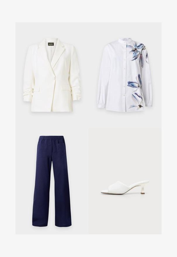 Blazer blanco a medida con solapas con muesca, cierre de un solo botón, bolsillos delanteros con solapa y mangas ligeramente fruncidas, etiquetado como BOSS.; Camisa blanca de manga larga con botones y cuello mandarín, con estampados florales en azul y morado en el hombro derecho y la parte inferior izquierda.; Pantalones de pierna ancha en color navy con un acabado texturizado, cinturilla elástica y dos bolsillos traseros. Fabricados con un tejido ligero y transpirable.; Zapato mule blanco con punta abierta, tacón bajo curvado tipo bloque y una amplia tira acolchada en la parte delantera sobre un fondo claro.