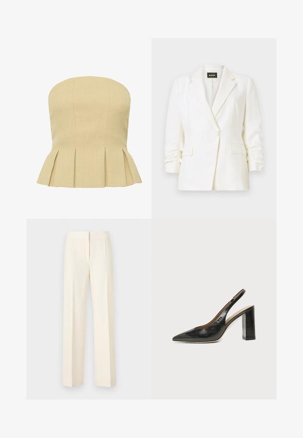 Blazer blanc sur mesure avec revers crantés, fermeture à un bouton, poches à rabat à l'avant et manches légèrement froncées, étiqueté BOSS.; Haut péplum beige sans bretelles avec des coutures verticales et des plis à la taille créant une silhouette évasée.; Pantalon droit sur mesure couleur blanc cassé avec pli avant, ceinture et fermeture avant dissimulée sur un fond uni.; Chaussure slingback en cuir noir à bout pointu avec un talon bloc haut et une doublure intérieure beige sur un fond clair uni.