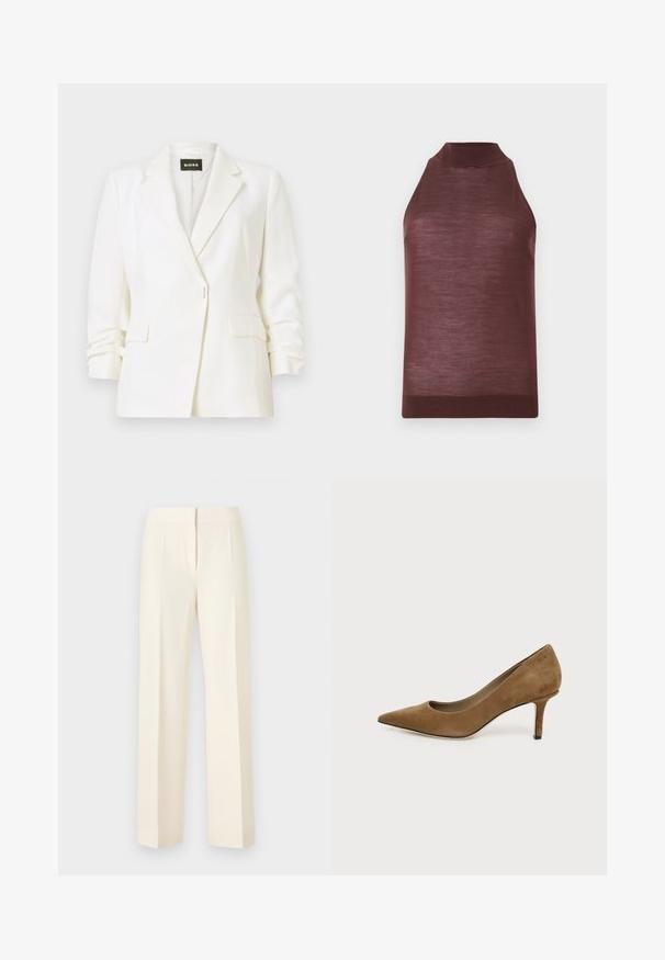 Blazer blanc sur mesure avec revers crantés, fermeture à un bouton, poches à rabat à l'avant et manches légèrement froncées, étiqueté BOSS.; Top tricoté marron sans manches avec col haut et ourlet côtelé, présenté sur un fond clair uni.; Pantalon droit sur mesure couleur blanc cassé avec pli avant, ceinture et fermeture avant dissimulée sur un fond uni.; Chaussure à talon haut en daim marron, bout pointu, avec un talon aiguille fin de hauteur moyenne sur fond blanc.