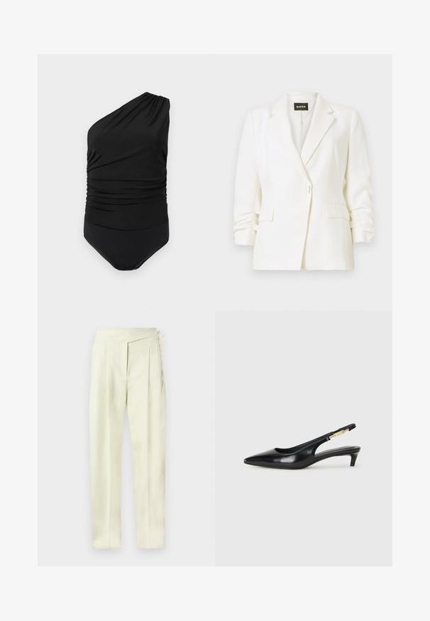 Blazer blanc sur mesure avec revers crantés, fermeture à un bouton, poches à rabat à l'avant et manches légèrement froncées, étiqueté BOSS.; Maillot de bain noir à une épaule avec détail froncé, décolleté asymétrique et bas lisse sur fond blanc.; Pantalon taille haute couleur crème, coupe ajustée avec plis, fermeture latérale et jambes droites, sur fond uni.; Talons hauts en cuir noir avec un bout pointu, dotés d'un talon fin et d'un accent en ton or sur la lanière réglable. Texture lisse.