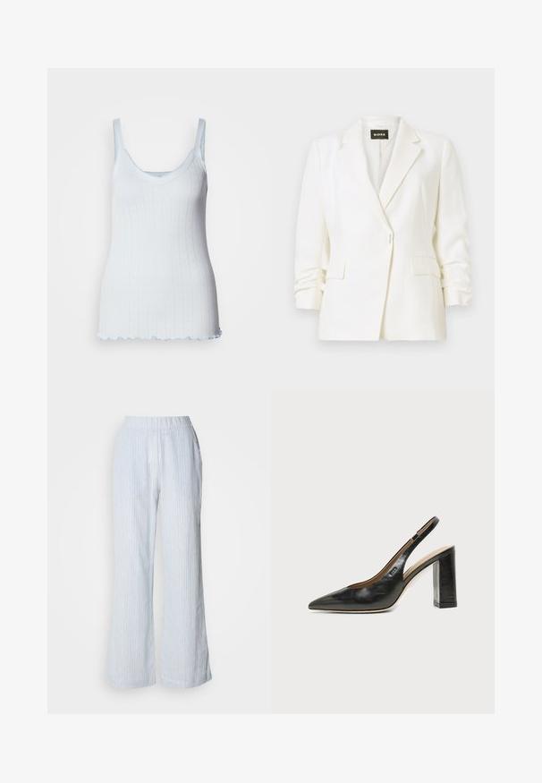 Blazer blanc sur mesure avec revers crantés, fermeture à un bouton, poches à rabat à l'avant et manches légèrement froncées, étiqueté BOSS.; Débardeur bleu clair en tissu texturé avec décolleté en cœur, fines bretelles et ourlet festonné. Présente un motif en forme de cœur sur l'ensemble.; Pantalons larges bleu clair avec des rayures verticales blanches et rouges. Dotés d'une taille élastique et de poches latérales. Texture lisse semblable au coton.; Chaussure slingback en cuir noir à bout pointu avec un talon bloc haut et une doublure intérieure beige sur un fond clair uni.