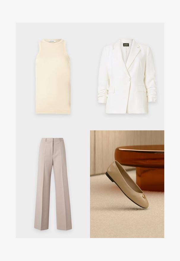 Witte getailleerde blazer met inkeping revers, enkele knoopsluiting, voorzakken met klep en licht geplooide mouwen, gelabeld BOSS.; Lichtbeige mouwloze top van ribstof, met een ronde halslijn en een fitted ontwerp. Glad oppervlak met minimale naden.; Beige wijde broek van een soepele stof, met een hoge taille, voorkreuken en een op maat gemaakte pasvorm.; Beige leren ballerina met zwarte zool en gouden embleem op de teen, geplaatst op een crèmekleurig tapijt naast afgerond amberkleurig meubilair.