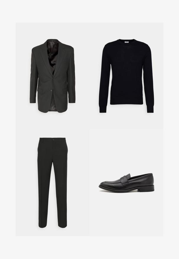 Filippa K CLASSIC - Jakkesæt blazere - black; Sort langærmet sweater lavet af blødt strikket materiale. Rund halsudskæring, ribbede manchetter og kant. Minimalistisk design uden synlige mønstre eller knapper.; Sorte skræddersyede bukser med lige snit, der har en enkelt knaplukning og bæltestropper. Glat, mat stof uden mønstre.; Sort læderloafer med en glat finish, en dekorativ rem over vristen, rund tå og en lav stablet hæl.