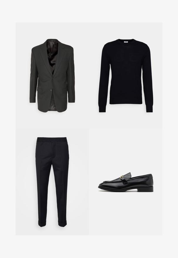 Filippa K CLASSIC - Sako - black; Čierny sveter s dlhým rukávom vyrobený z mäkkého pleteného materiálu. Okrúhly výstrih, rebrované manžety a lem. Minimalistický dizajn bez viditeľných vzorov alebo gombíkov.; Čierne nohavice vyrobené z ľahkej tkaniny, so elastickým pásom, bočnými vreckami a rolovanými manžetami. Hladká textura s prednými skladmi.; Čierne kožené poltopánky s okrúhlou špičkou, prešívanými detailmi, malým podpätkom a zlatými kovovými prvkami na pásiku. Hladká textúra po celom povrchu.