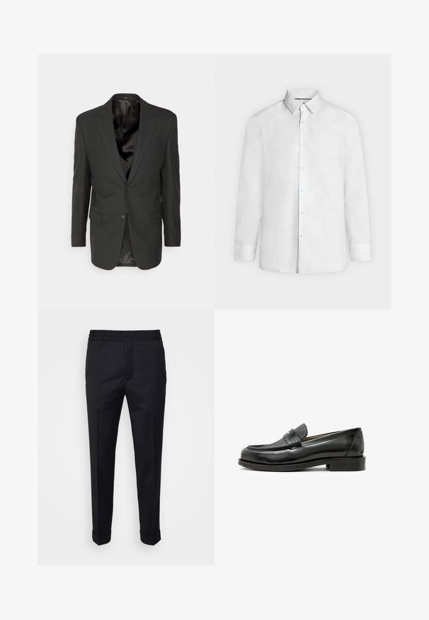 Filippa K CLASSIC - Jakkesæt blazere - black; Hvid skjorte med lange ærmer, spredt krave og knapmanchetter, vist forfra på en ensfarvet lysegrå baggrund.; Sorte bukser lavet af letvægtsstof, med elastisk talje, sidelommer og oprevne kant. Glat tekstur med frontvendinger.; Sort læder loafers med en struktureret sort læderdetalje, rund tå og en lav blokhæl; har en dekorativ metal detalje.