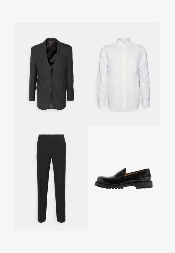 Filippa K CLASSIC - Anzugsakko - black; Langärmliges, weißes Hemd aus Baumwolle mit Button-Down-Kragen, Fronttasche und normalem Schnitt. Strukturierter Stoff mit glatter Oberfläche.; Schwarze, maßgeschneiderte Hose mit geradem Schnitt, ausgestattet mit einem einzelnen Knopfverschluss und Gürtelschlaufen. Glattes, mattes Material ohne Muster.; Schwarze Lederloafers mit einer bequemen Silhouette, strukturierten Details im Obermaterial und einer robusten schwarzen Gummisohle.