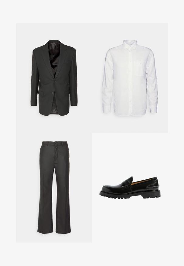 Filippa K CLASSIC - Anzugsakko - black; Langärmliges, weißes Hemd aus Baumwolle mit Button-Down-Kragen, Fronttasche und normalem Schnitt. Strukturierter Stoff mit glatter Oberfläche.; forét Stoffhose - dark grey; Schwarze Lederloafers mit einer bequemen Silhouette, strukturierten Details im Obermaterial und einer robusten schwarzen Gummisohle.