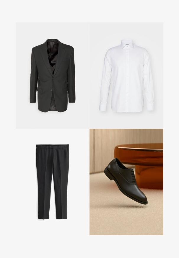 Filippa K CLASSIC - Sako - black; Biela košeľa s dlhým rukávom vyrobená z bavlny, s golierom, predným zapínaním na gombíky a prispôsobeným strihom so stranovými rozparkami na leme.; Čierne zúžené nohavice s plochým predným dielom, dvoma bočnými vreckami a zapínaním na gombík. Hladká textúra a rovný strih.; Čierna leštená kožená šnurovacia spoločenská topánka vznášajúca sa nad béžovým koberecom, v pozadí veľký okrúhly sklenený stôl jantárovej farby.